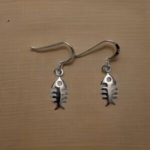 Brand New 925 Solid Sterling Silver Hanging Dangling Hook Fish Bone Earrings